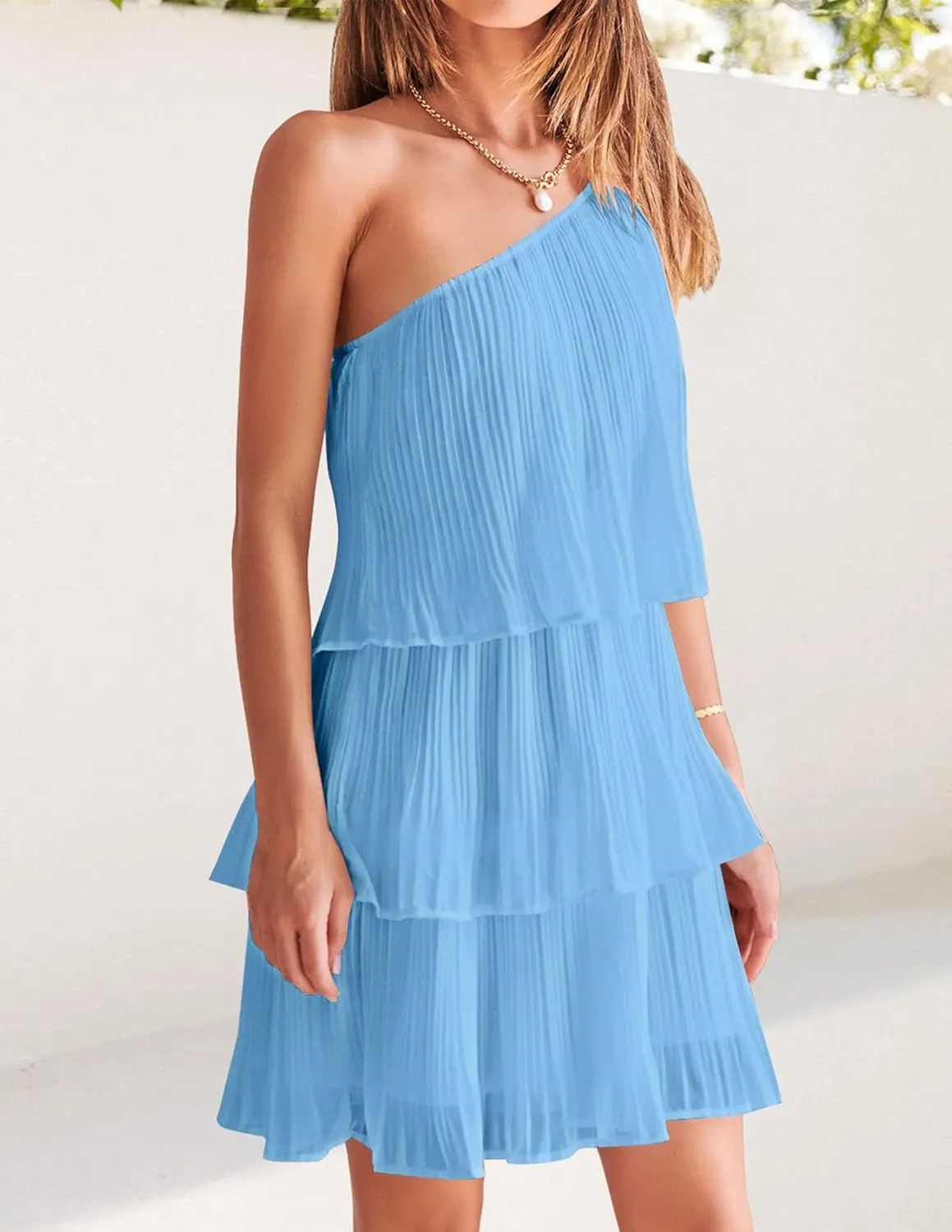 ZESICA Women's Boho Summer One Shoulder Sleeveless Ruffle Tiered Layered Chiffon Pleated A Line Flowy Mini Dress