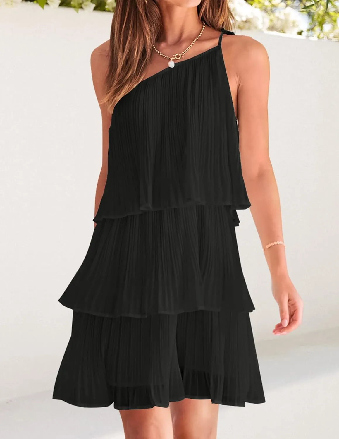 ZESICA Women's Boho Summer One Shoulder Sleeveless Ruffle Tiered Layered Chiffon Pleated A Line Flowy Mini Dress