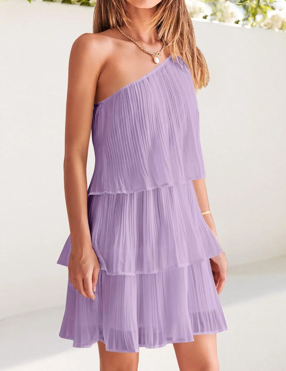 ZESICA Women's Boho Summer One Shoulder Sleeveless Ruffle Tiered Layered Chiffon Pleated A Line Flowy Mini Dress