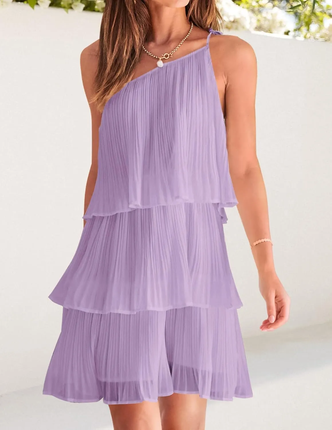 ZESICA Women's Boho Summer One Shoulder Sleeveless Ruffle Tiered Layered Chiffon Pleated A Line Flowy Mini Dress
