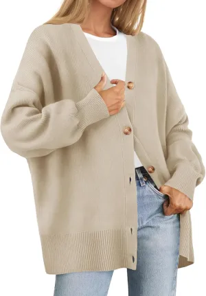 ZESICA Women's Casual Long Sleeve Cardigan V Neck Button Down Open Front Knit Loose Oversized Sweater Coat