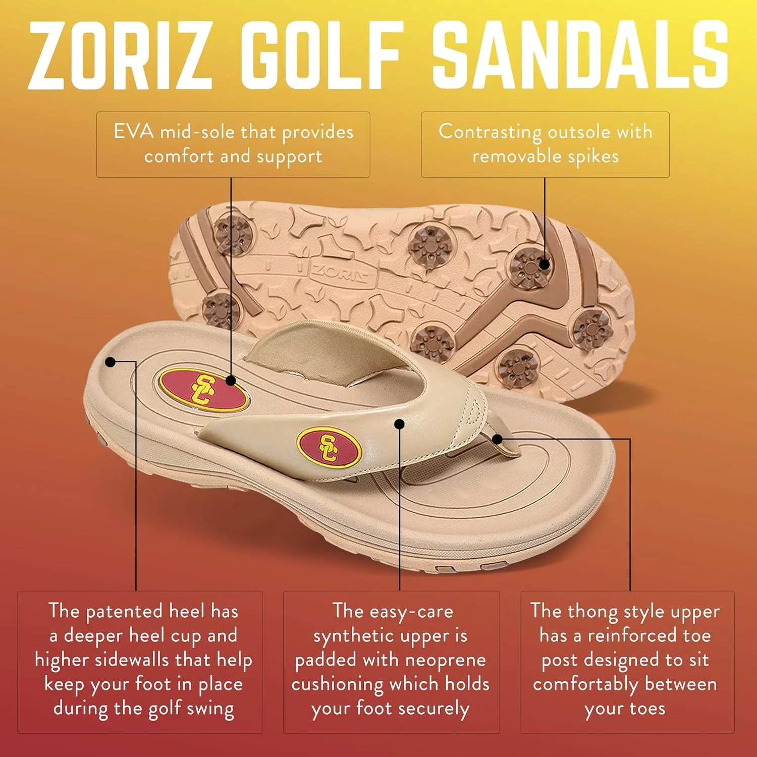 ZORIZ Collegiate Series Golf Sandals for Women and Men, Thong Flip Flops With Removable Spikes, Golf Footwear With Deeper Heel Cup and Higher Sidewalls