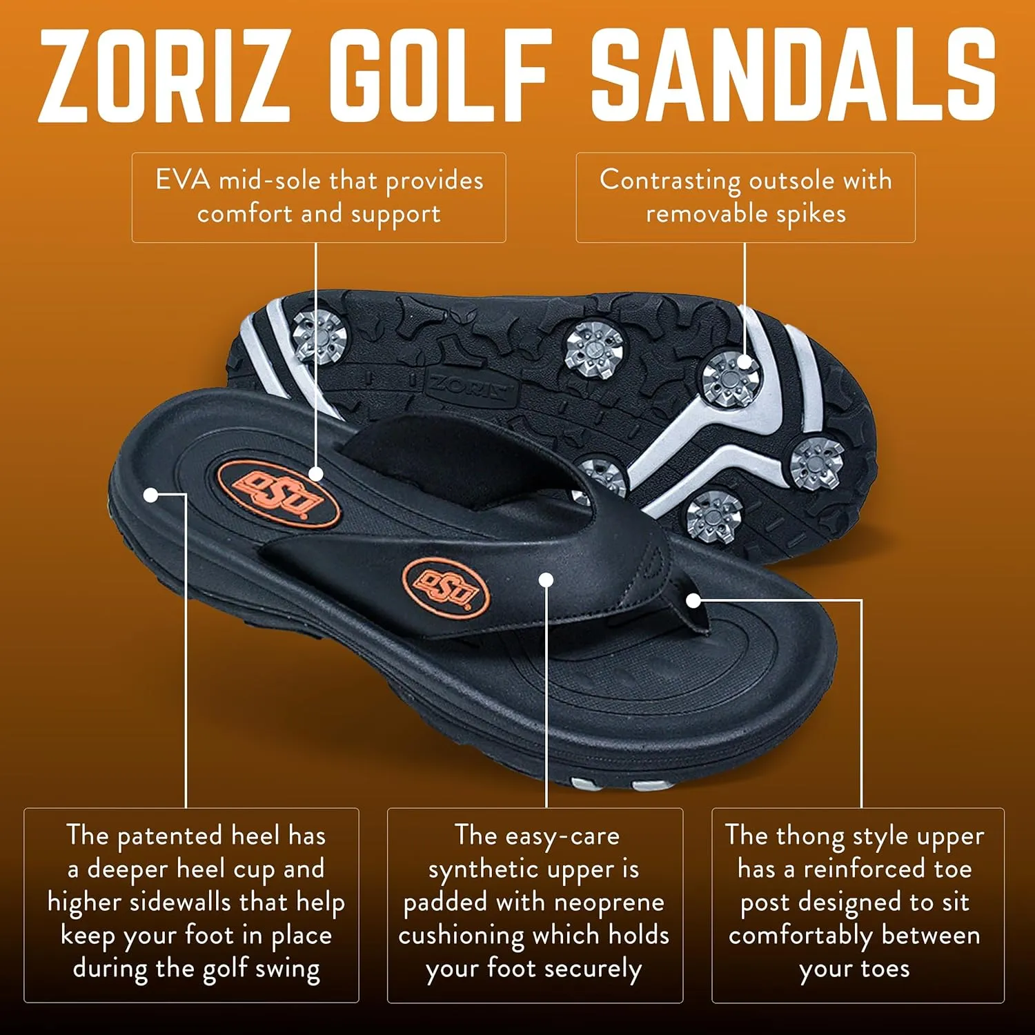 ZORIZ Collegiate Series Golf Sandals for Women and Men, Thong Flip Flops With Removable Spikes, Golf Footwear With Deeper Heel Cup and Higher Sidewalls
