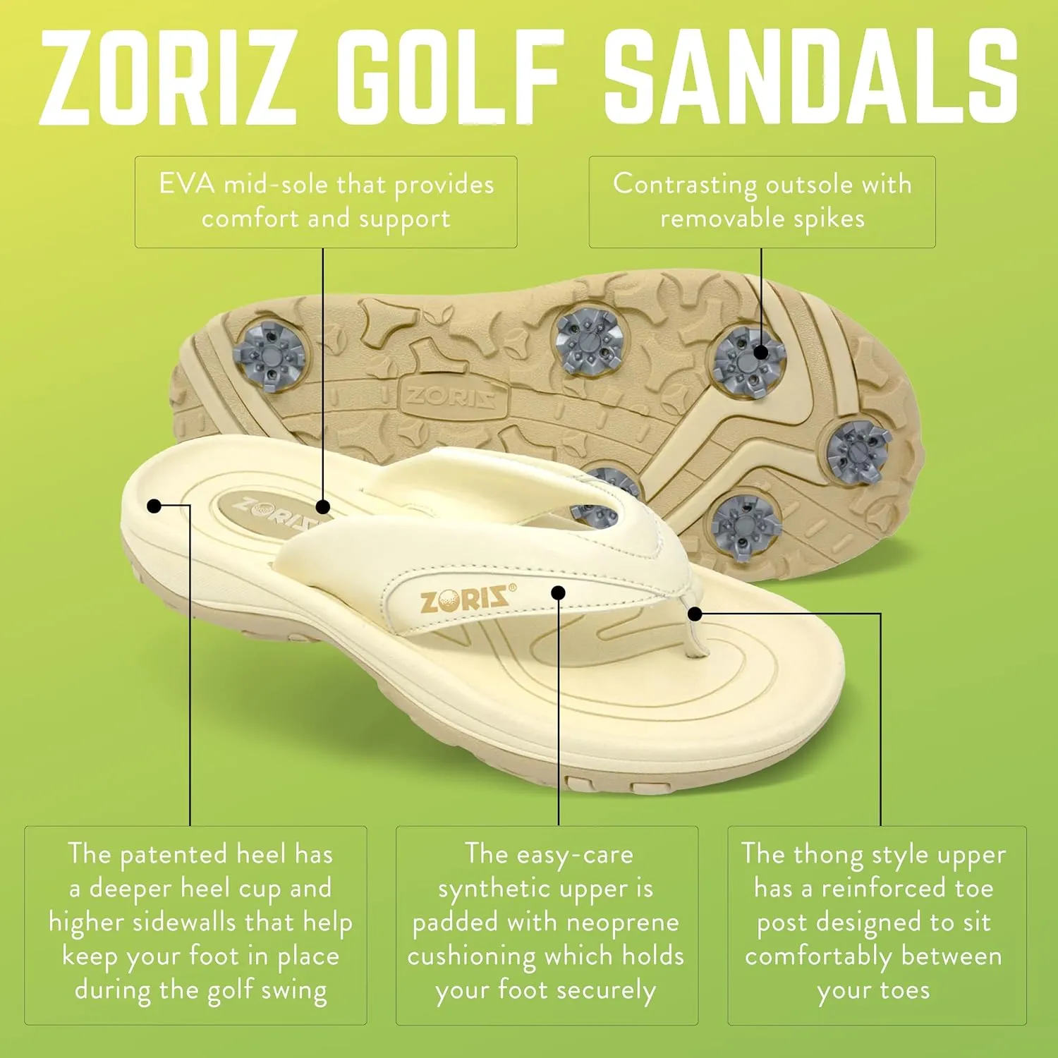 ZORIZ Next-GEN Golf Sandals for Women and Men, Golf Thong Flip Flops With Removable Soft Spikes, Golf Footwear With Deeper Heel Cup and Higher Sidewalls