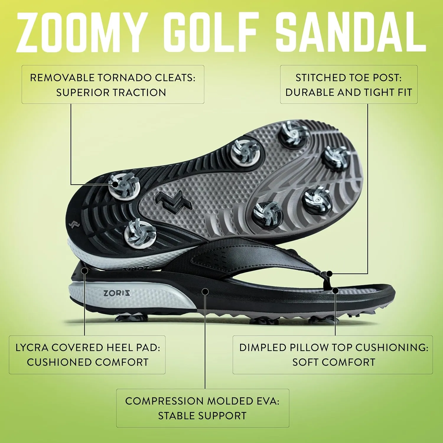 ZORIZ Zoomy Golf Sandals - Unisex Golf Flip Flops With Removable Tornado Golf Cleats - Mens and Womens Sandals for Walking, Beach, or Sports