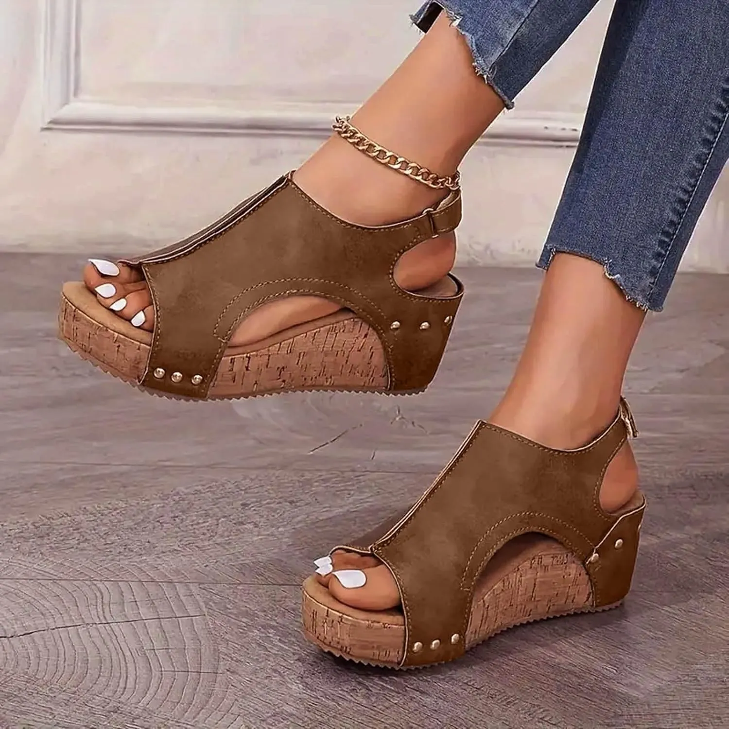 ZSpzx Womens Comfy Wedge Orthopedic Sandals Summer Platform Cork Wedges Women's Buckle Ankle Strap Sandal Comfortable Strappy Casual Ladies Shoes Sandalias Ortopédicas Para Mujer