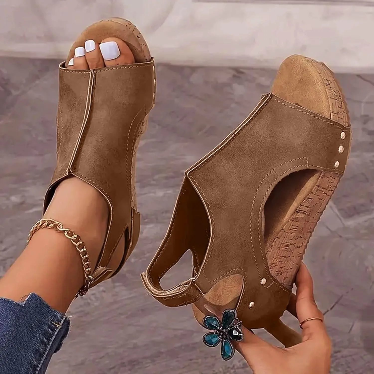 ZSpzx Womens Comfy Wedge Orthopedic Sandals Summer Platform Cork Wedges Women's Buckle Ankle Strap Sandal Comfortable Strappy Casual Ladies Shoes Sandalias Ortopédicas Para Mujer