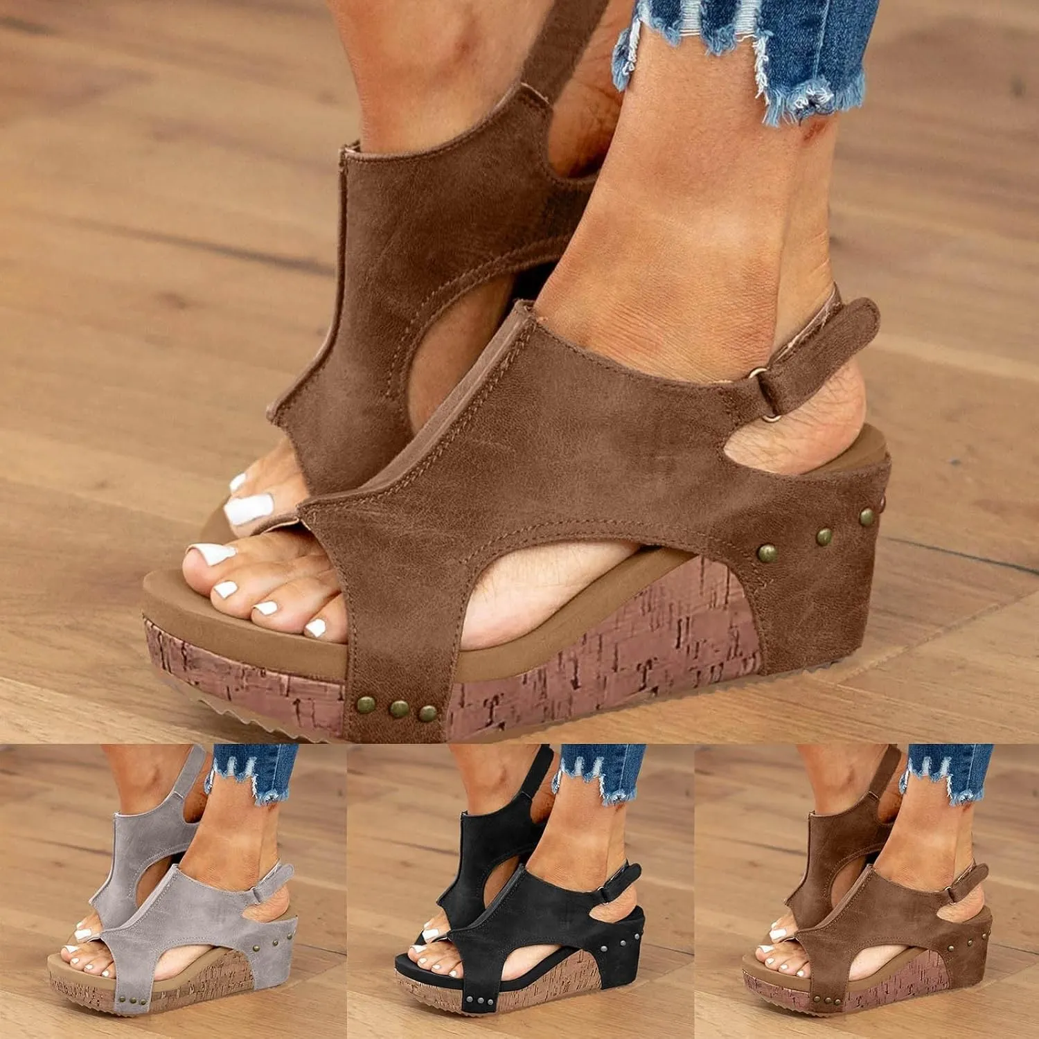 ZSpzx Womens Comfy Wedge Orthopedic Sandals Summer Platform Cork Wedges Women's Buckle Ankle Strap Sandal Comfortable Strappy Casual Ladies Shoes Sandalias Ortopédicas Para Mujer
