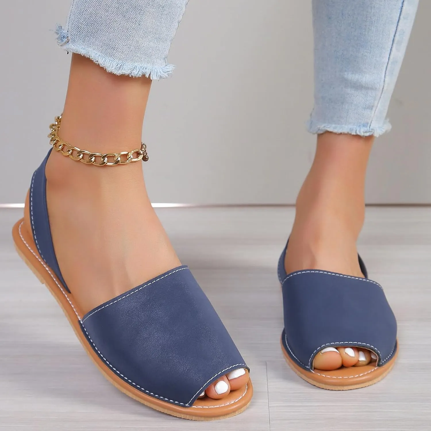 ZSpzx Women's Peep Toe Flat Sandals,Ladies Summer Slip On Backless Elastic Ankle Strap Sandal Women Comfortable Non-Slip Casual Cushion Footbed Shoes Stylish Shoe for Outdoor Indoor Daily Wear
