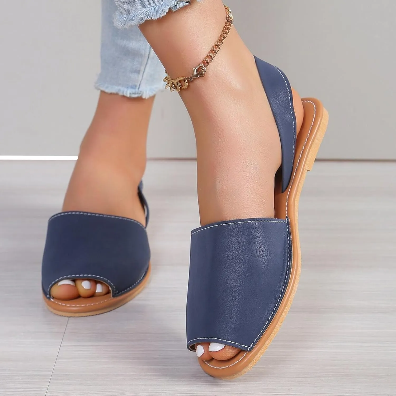 ZSpzx Women's Peep Toe Flat Sandals,Ladies Summer Slip On Backless Elastic Ankle Strap Sandal Women Comfortable Non-Slip Casual Cushion Footbed Shoes Stylish Shoe for Outdoor Indoor Daily Wear