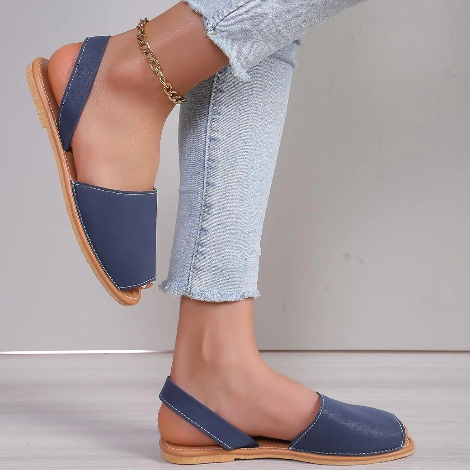 ZSpzx Women's Peep Toe Flat Sandals,Ladies Summer Slip On Backless Elastic Ankle Strap Sandal Women Comfortable Non-Slip Casual Cushion Footbed Shoes Stylish Shoe for Outdoor Indoor Daily Wear