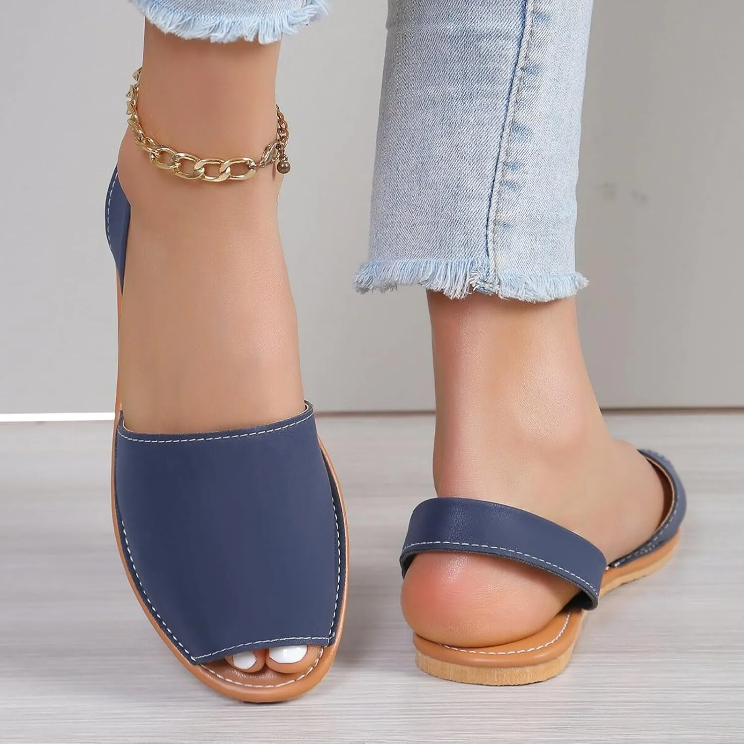 ZSpzx Women's Peep Toe Flat Sandals,Ladies Summer Slip On Backless Elastic Ankle Strap Sandal Women Comfortable Non-Slip Casual Cushion Footbed Shoes Stylish Shoe for Outdoor Indoor Daily Wear