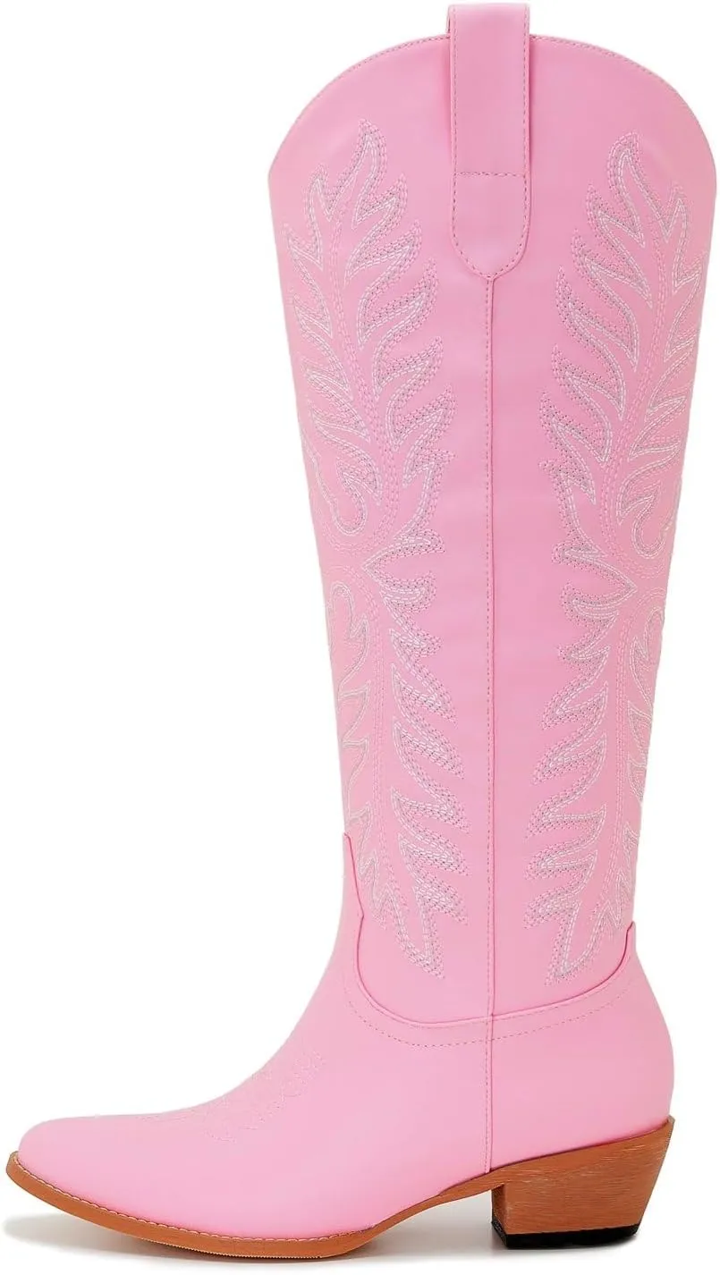 ZXHYZLZ Cowboy Boots For Women -Wide Calf Knee High Cowgirl Boots Botas Vaqueras Para Mujer Classic Embroidered Slip On Pointed Toe Thick Heel western Tall Boots Great For Country Concerts and Parties