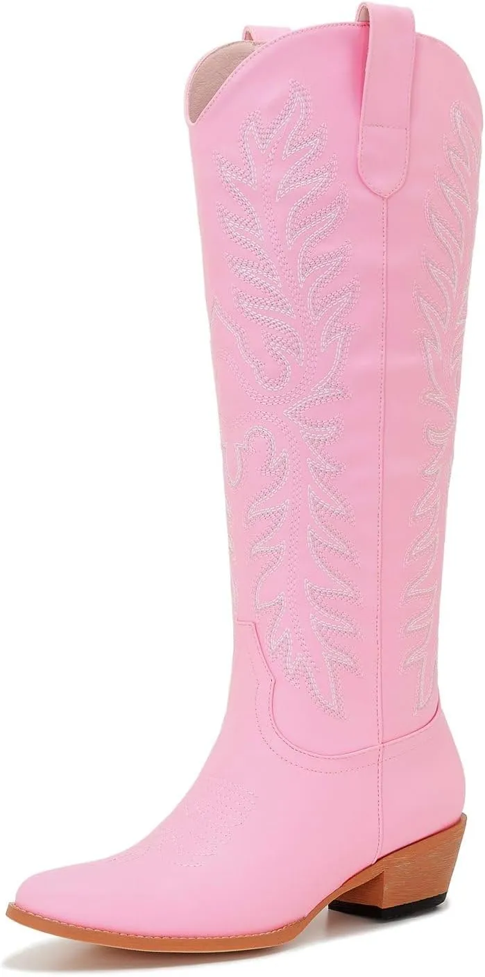 ZXHYZLZ Cowboy Boots For Women -Wide Calf Knee High Cowgirl Boots Botas Vaqueras Para Mujer Classic Embroidered Slip On Pointed Toe Thick Heel western Tall Boots Great For Country Concerts and Parties